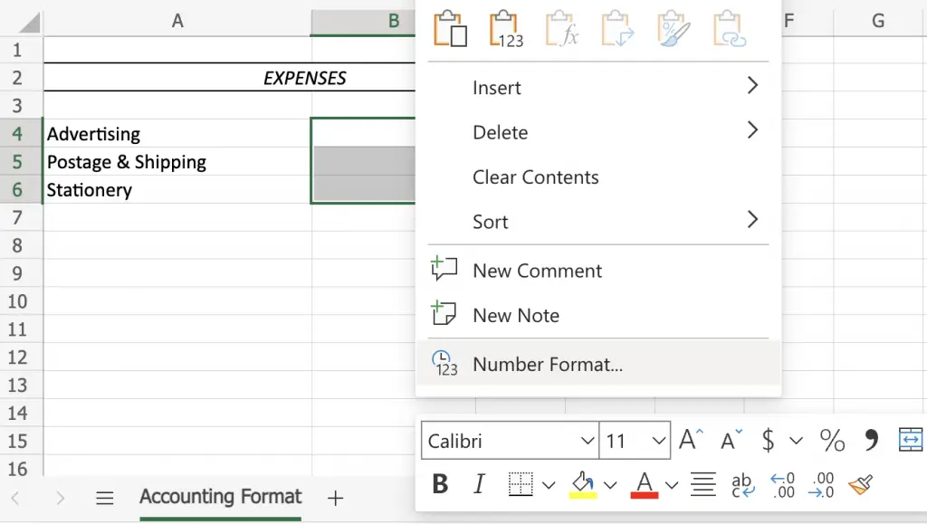 Spreadsheet image showing how to select number format